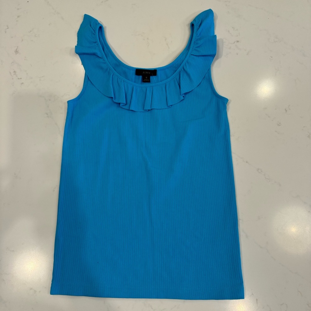 NWT J Crew Ribbed Ruffle Tank Top : Aqua Blue : Small